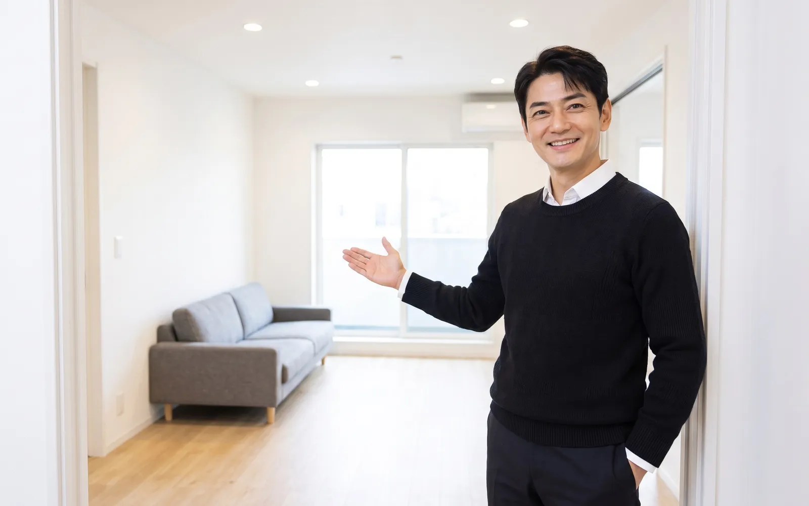 노팀장이 밝은 거실 입구에서 안쪽을 안내하는 연출 이미지